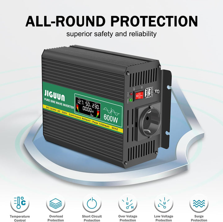 JIGUUN 600W Wechselrichter Reiner Sinus Spannungswandler 12v 230v Inverter Mit EU-Steckdose und 2 US