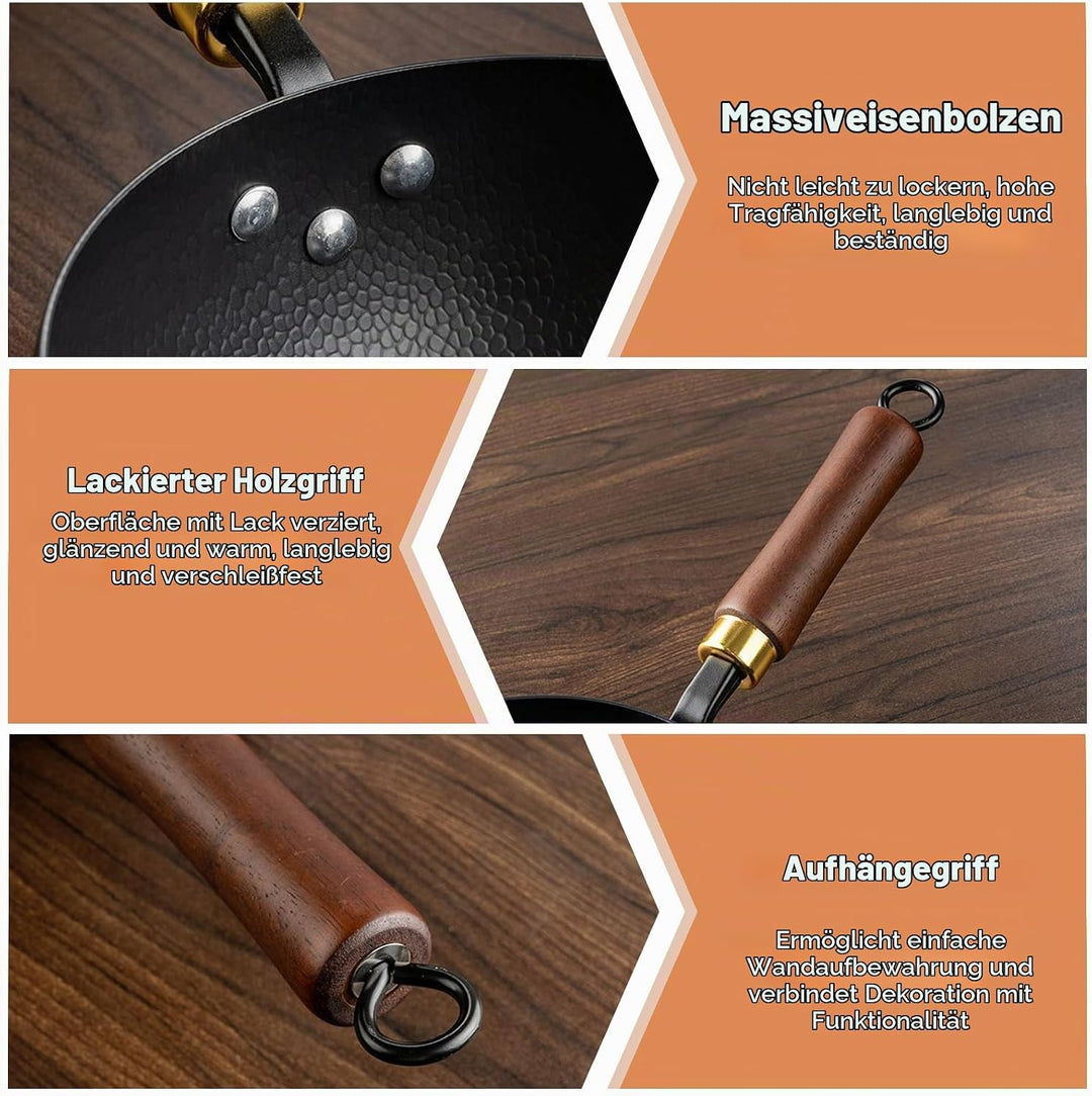 Japanische Eisenpfanne mit Holzdeckel, 28cm Natürlich Antihaft &amp; Ohne Chemische Beschichtung Iron Pa