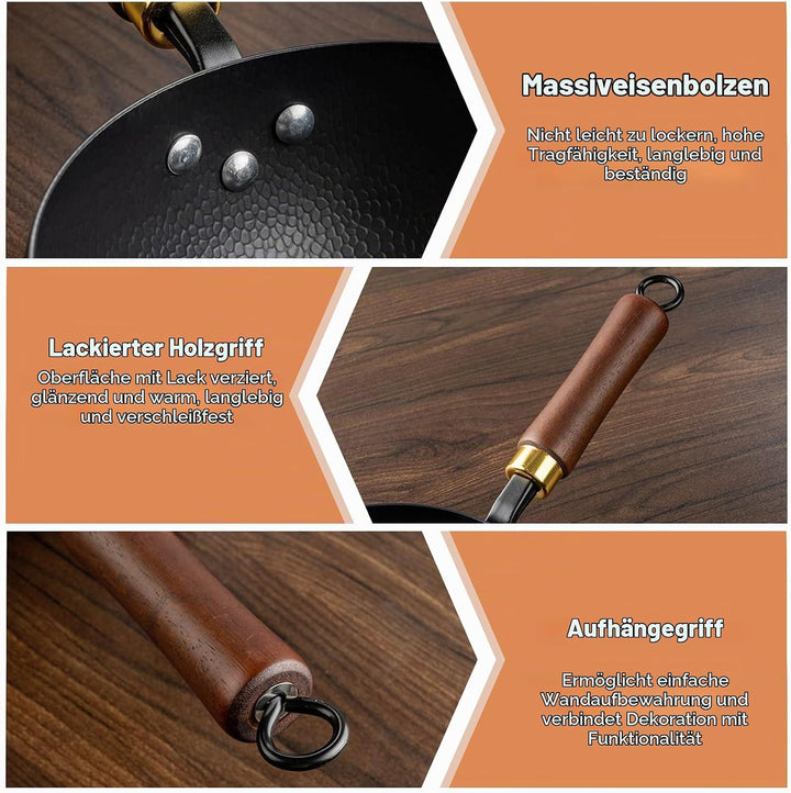 Japanische Eisenpfanne mit Holzdeckel, 28cm Natürlich Antihaft &amp; Ohne Chemische Beschichtung Iron Pa