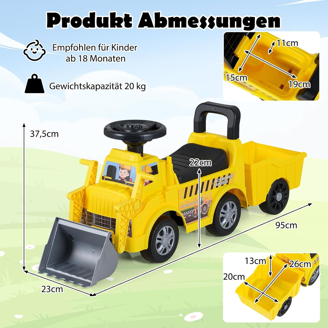 DREAMADE Bagger zum draufsitzen, Kinderbagger mit Verstellbarer Schaufel, abnehmbarem Anhänger, Lenk