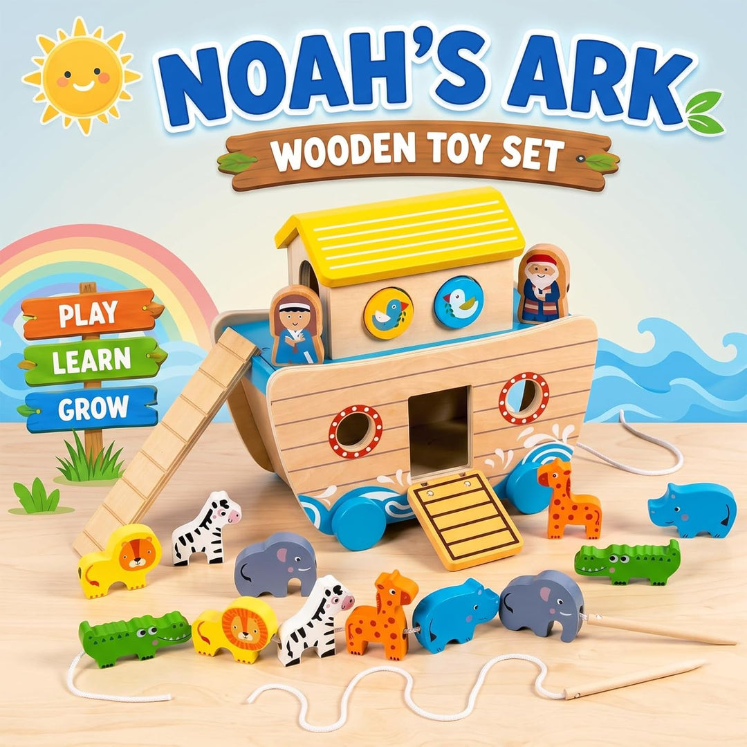 Holz Noah's Arche Spielzeug Montessori Tierseil Klassifikation Stapeln hölzerne ziehen entlang Klein