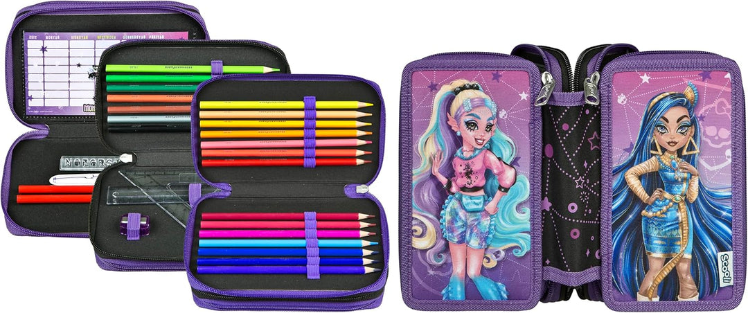 Scooli - Tripledecker Monster High - Gefülltes Schüleretui mit hochwertigen Stiften & Zubehör - Idea