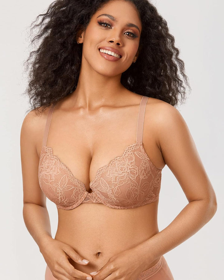 DOBREVA Damen Push Up BH Mit Spitze Gepolstert Plunge Bügel Vollschalen BHS Gemoldete Cups 85C Sahne