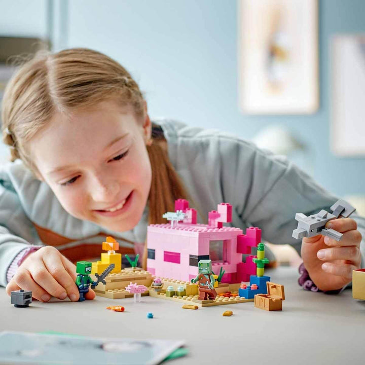 LEGO 21247 Minecraft Das Axolotl-Haus Set, baubare rosa Unterwasserbasis mit Taucherforscher, Zombie