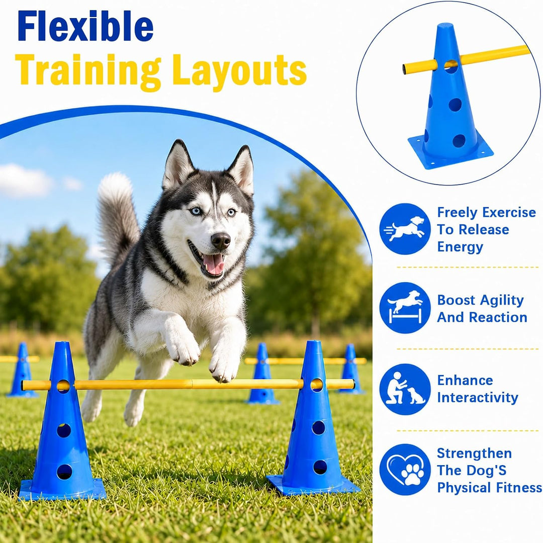 8 Stück Agility Set Hunde Klein, Cavaletti Steckhürdenset mit Kegeln und Stangen, Einstellbare Train