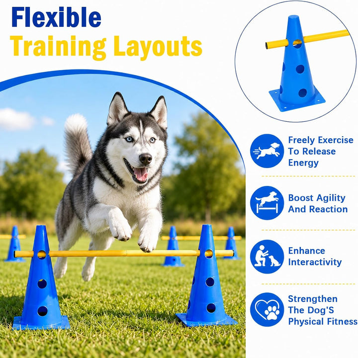 8 Stück Agility Set Hunde Klein, Cavaletti Steckhürdenset mit Kegeln und Stangen, Einstellbare Train