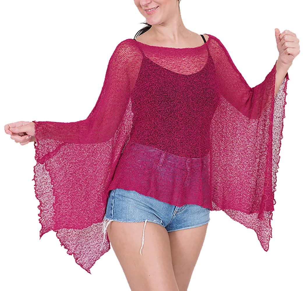 Damen Häkelspitze strecken Fisch-Netz Batwing Poncho Einheitsgrösse Grosse Grössen Magenta, Einheits