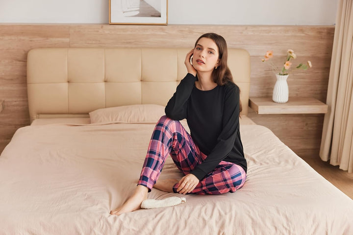 Ekouaer Schlafanzug Damen Lang Kuschelig Pyjama Set mit Bündchen Kariert Pyjamahose mit Tasche Rosa