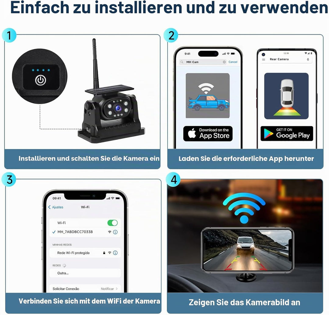 Podofo Drahtlose Rückfahrkamera Stabiles WiFi, 1080P Rückfahrkamera mit Wasserdicht, Solaraufladung,