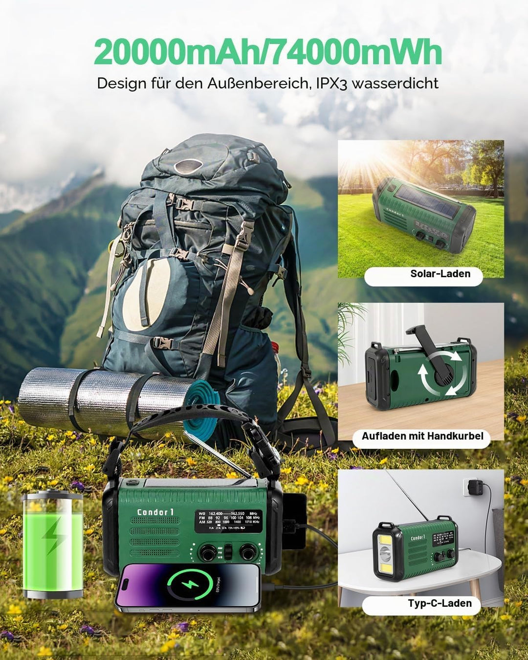 20000mAh Kurbelradio, tragbares Solar-Notfallradio mit AM/FM-Empfang, SOS Alarm, LED-Leselicht und T