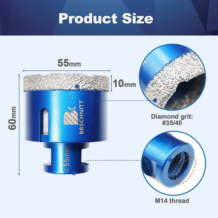 Diamant Fliesenbohrer 55mm - M14 Diamantbohrer Lochsäge für Fliesen Porzellan Keramik Marmor Granit
