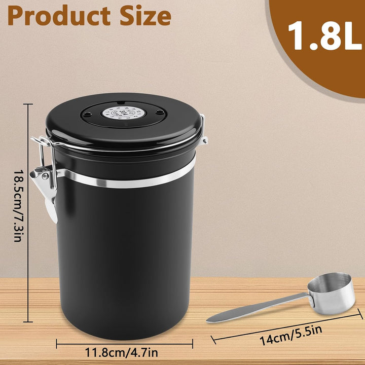 Kaffeedose Luftdicht Edelstahl 304, 1,8 L Kaffeebohnen Behälter Mit EdelstahllöFfel Und Zeiterfassun