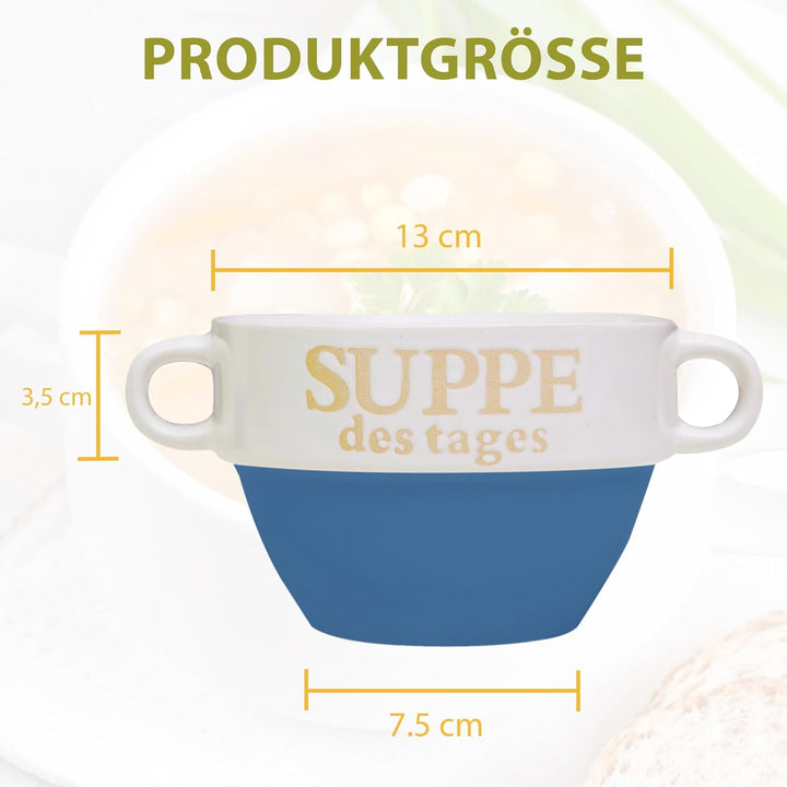 DRULINE 4 Stück Suppentasse aus Keramik mit Schriftzug Suppe des Tages Ø 13 cm Blau 4 Stück Blau, 4