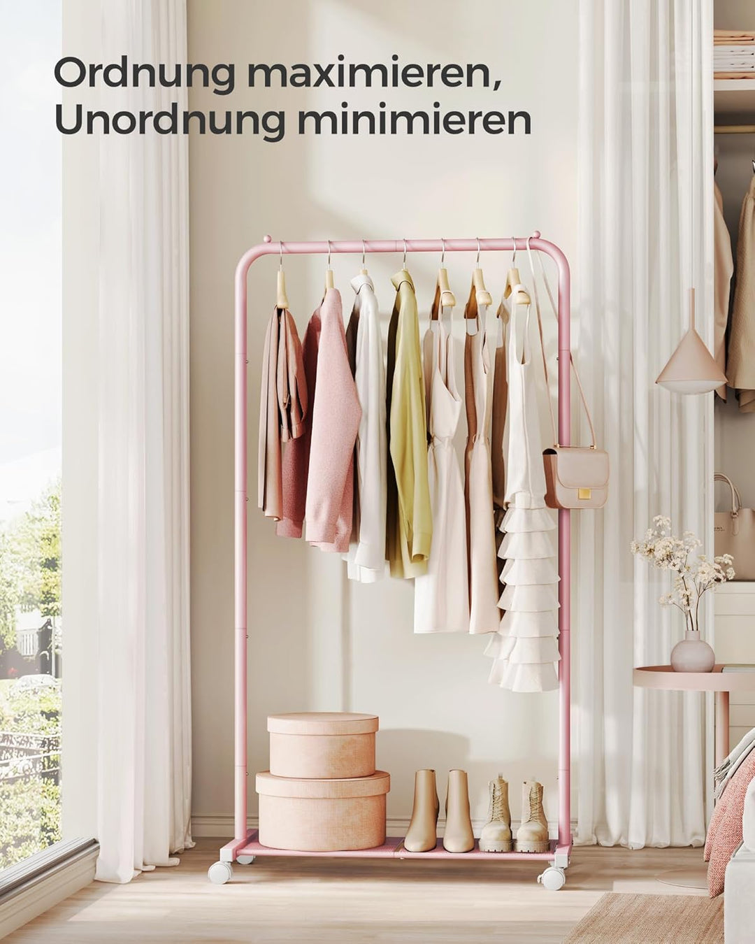SONGMICS Kleiderständer, Kleiderstange auf Rollen, Garderobenständer 74 cm breit, Rollgarderobe mit