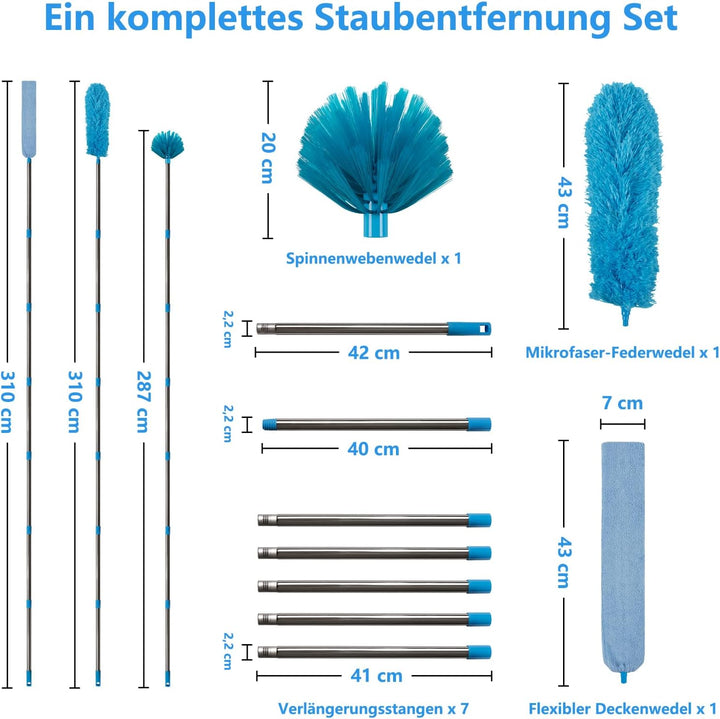 310 cm Staubwedel Lang Teleskop Waschbar, mit 1 Biegbare Eckbesen und 1 Spinnenwebenentferner für Re