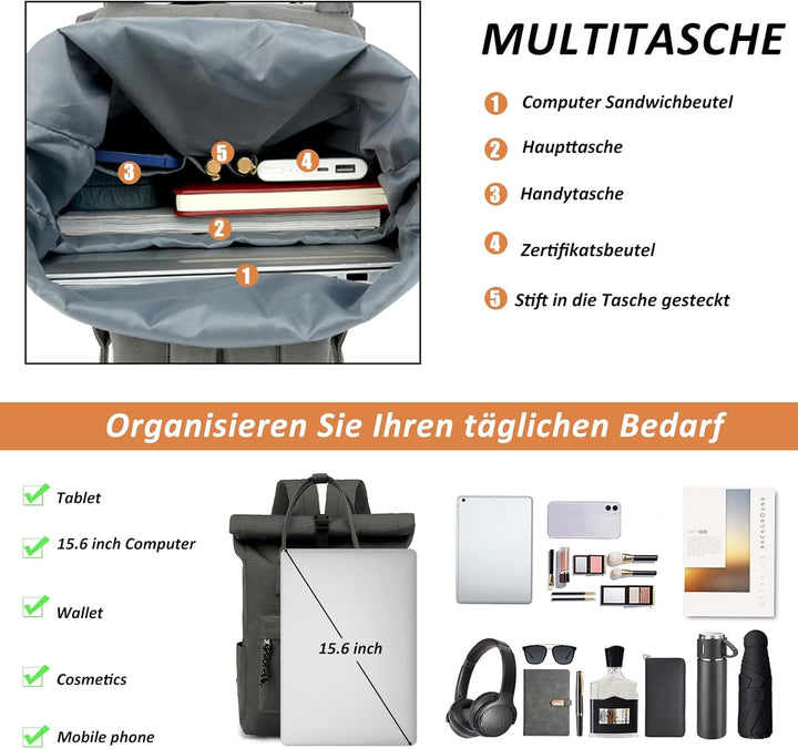 TANTOMI Laptop Rucksack, Rucksack Laptop Tasche 15,6 Zoll, Rucksack Damen und Herren weit öffenbar,