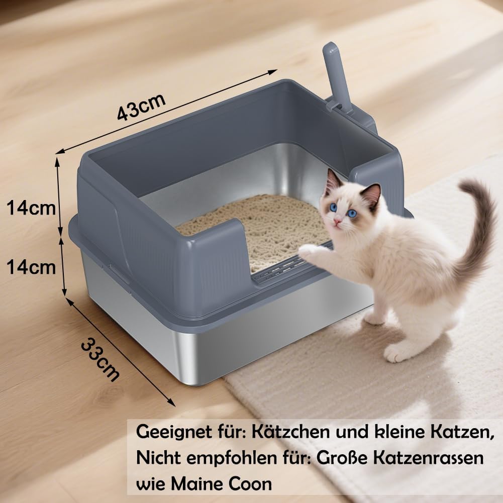 SZEE Kleine Edelstahl Katzenklo Quer für Kätzchen, Seiteneinstieg Katzentoilette aus Edelstahl, Leic