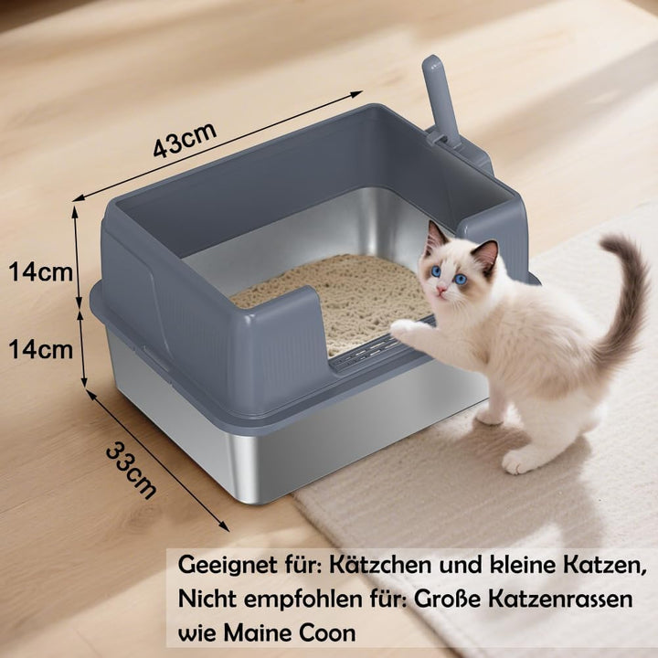 SZEE Kleine Edelstahl Katzenklo Quer für Kätzchen, Seiteneinstieg Katzentoilette aus Edelstahl, Leic