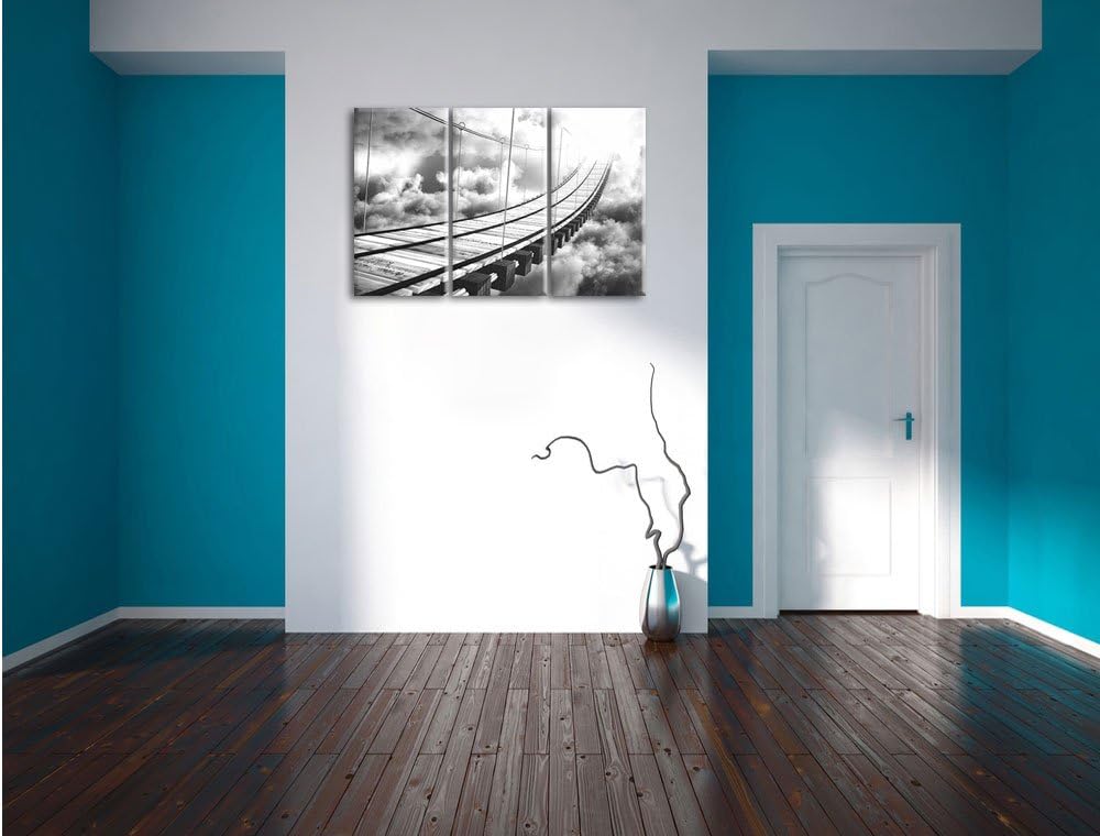 Pixxprint Hölzerne Brücke in den Wolken / 3-Teilig/Gesamtmass 120cm Leinwandbild bespannt auf Holzra