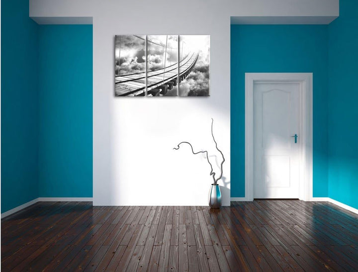 Pixxprint Hölzerne Brücke in den Wolken / 3-Teilig/Gesamtmass 120cm Leinwandbild bespannt auf Holzra