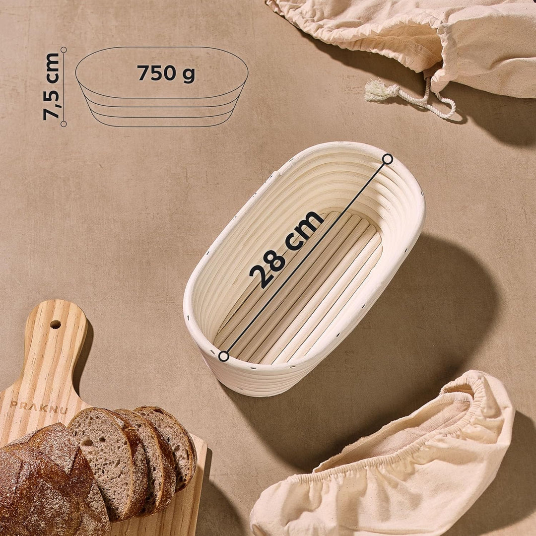Praknu Gärkorb Oval 28cm - Set mit Bürste, Leinentuch & Brotbeutel - Brotkorb aus nachhaltigem Ratta