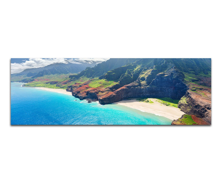 Paul Sinus Art Panoramabild auf Leinwand und Keilrahmen 150x50cm Hawaii Küste Gebirge Felsen Strand