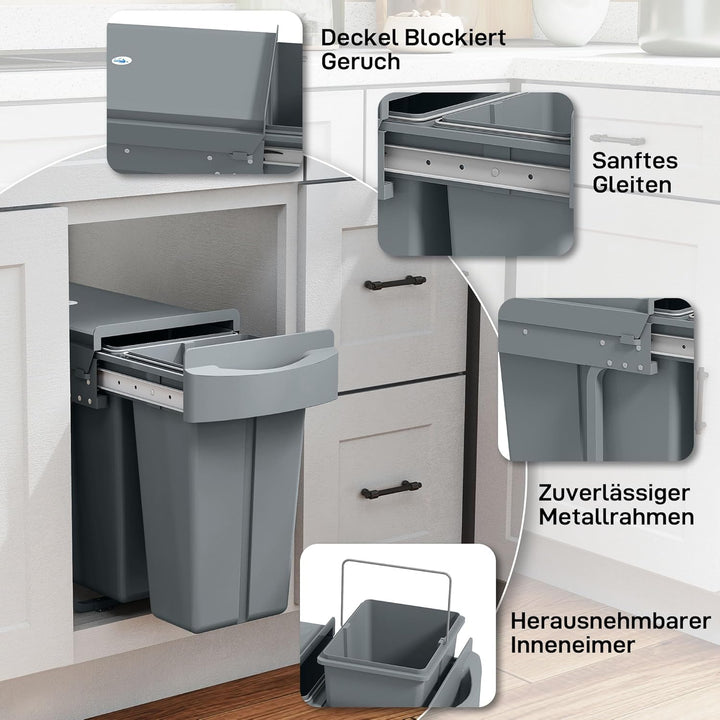 HOMCOM Abfallsammler 20L+10L Ausziehbar Einbaumülleimer Unterschrank Abfalleimer Mülleimer für Schrä