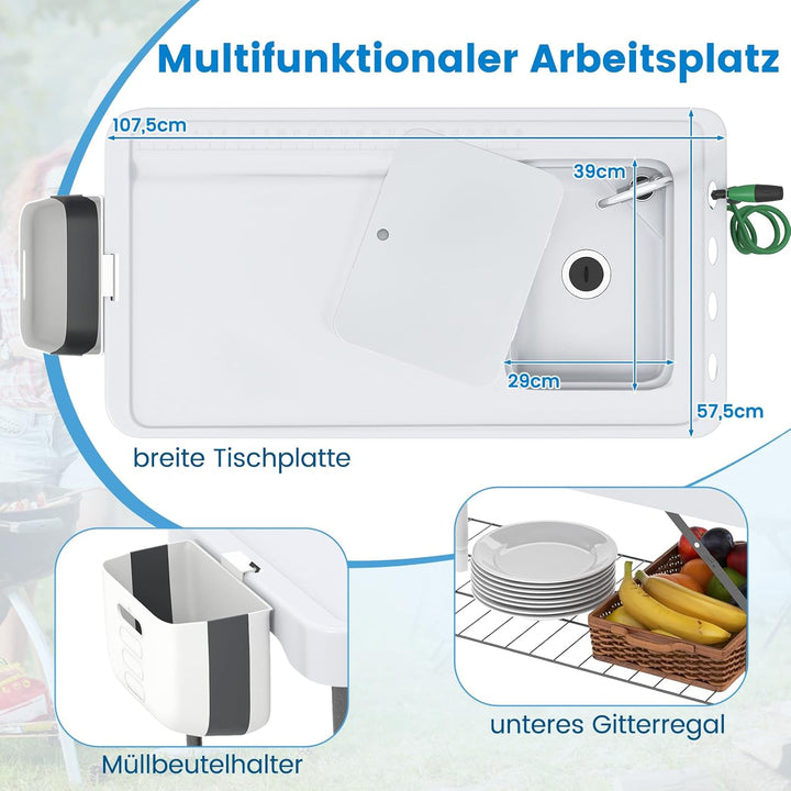 COSTWAY Klappbarer Fischreinigungstisch, Filetiertisch mit Spüle, Gitterablage, Wasserhahn, Sprühdüs