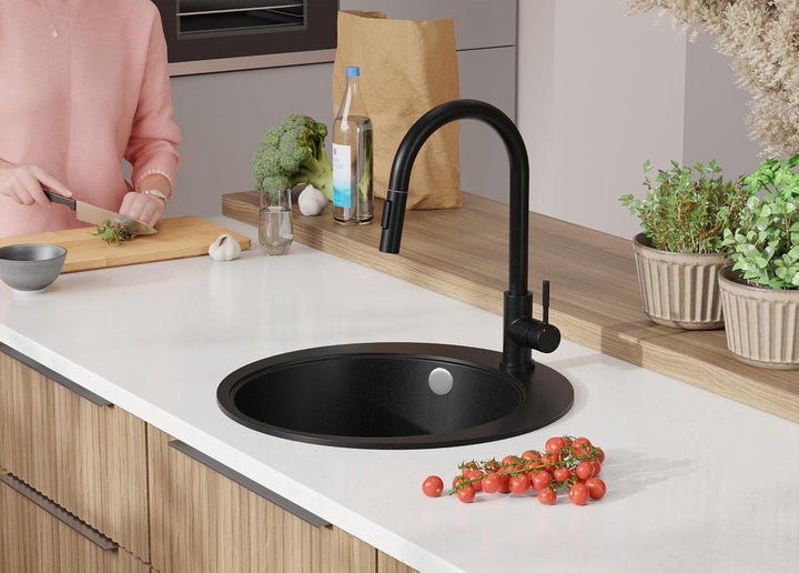 PRIMAGRAN Spülbecken Rund Schwarz 50x50cm, Granitspüle 1 Becken + Ablauf-Set, Küchenspüle ab 45er Un