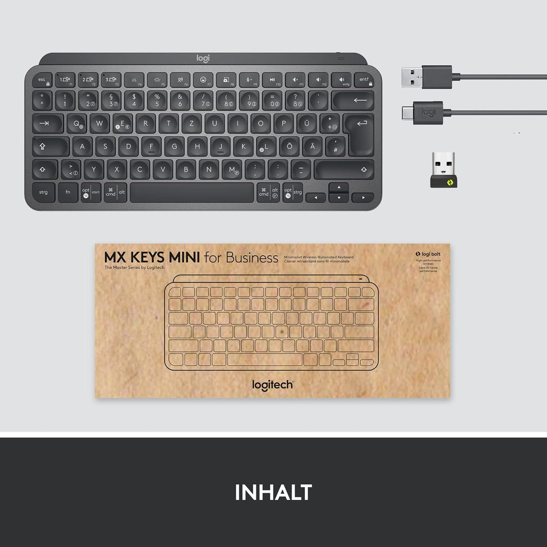 Logitech MX Keys Mini Wireless Illuminated Keyboard for Business, Kompakt, Logi Bolt USB-Empfänger,