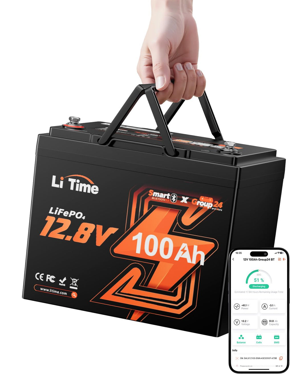 LiTime 12V 100Ah LiFePO4 Batterie Group 24 mit Bluetooth 5.0, 1280Wh, 100A BMS, Niedrigtemperatur-La
