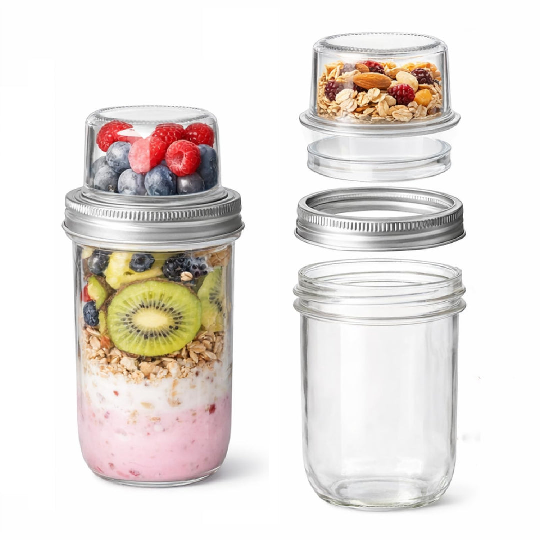 Doppelschicht Glas Salatglas mit Deckel, Trocken- und Nassgetrennt, Frühstücksbecher für Joghurt Müs