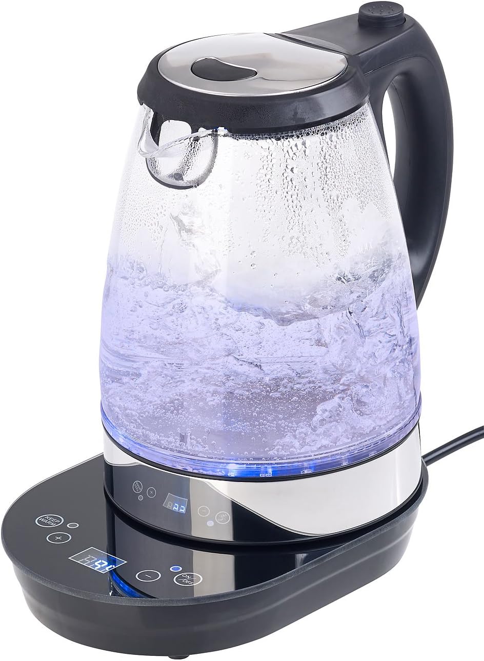 Rosenstein & Söhne Wasserkocher LED: Digitaler Glas-Wasserkocher, Temperaturwahl, Display, 2.200 W,
