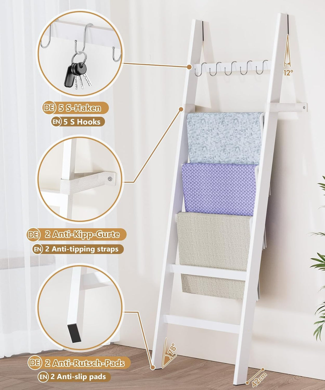 Yorbay Handtuchleiter Bambus 6 Sprossen: Kleiderleiter mit 2 Sturzsicherheitsriemen und 5 Haken - De