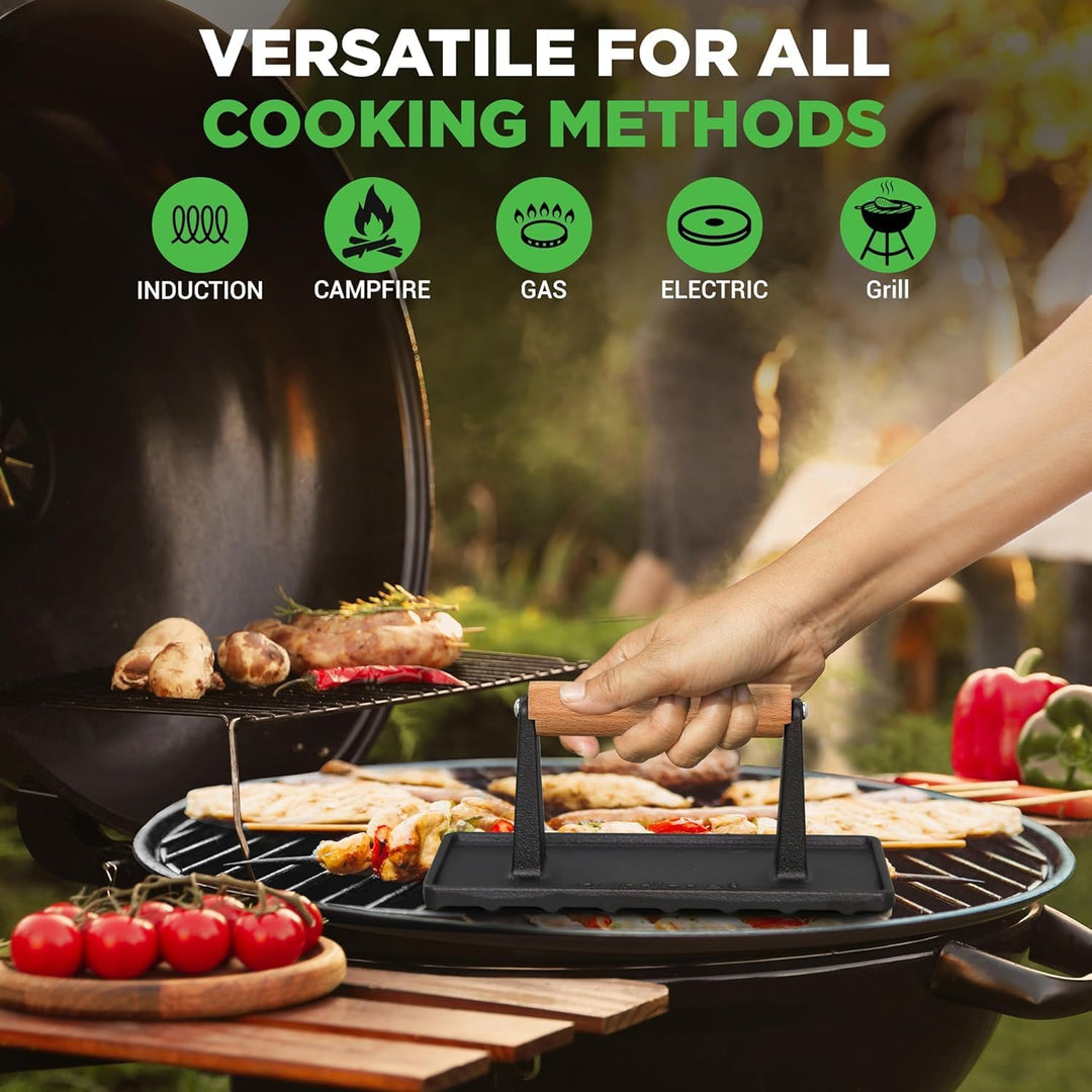 NutriChef Burgerpresse- Antihaft Gusseisen, Schwere Grillpresse 1,5 kg (22 × 9,5 cm), Fleischbeschwe