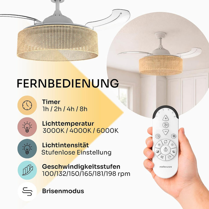 Mellerware - Deckenventilator mit Licht und Lampe Brizy Bright Rattan Sand | 3 Flügel | 106 cm Durch