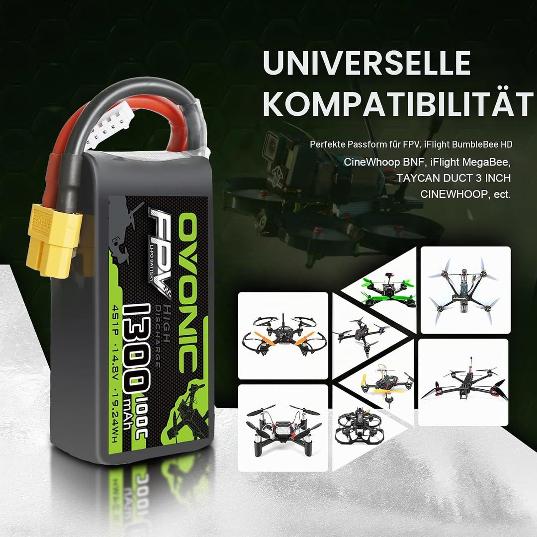 OVONIC RC Lipo Akku 4S 14.8V 1300mAh 100C XT60 Stecker LiPo Batterie Zellen für FPV UAV RC Flugzeug