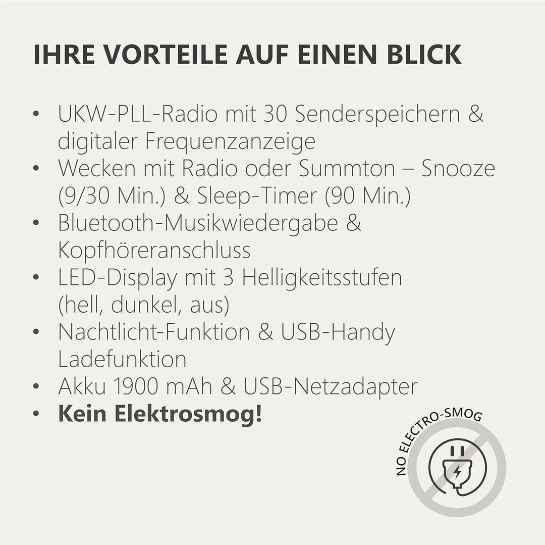 Silva Schneider UR 4200 BT – Kompaktes UKW-PLL-Uhrenradio mit Akku, Bluetooth, Dual-Alarm, Nachtlich
