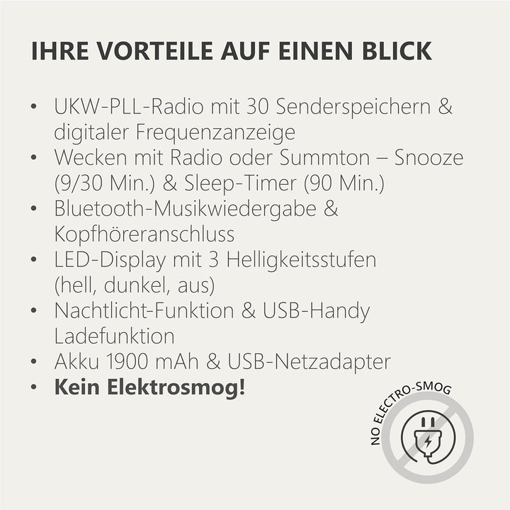 Silva Schneider UR 4200 BT – Kompaktes UKW-PLL-Uhrenradio mit Akku, Bluetooth, Dual-Alarm, Nachtlich