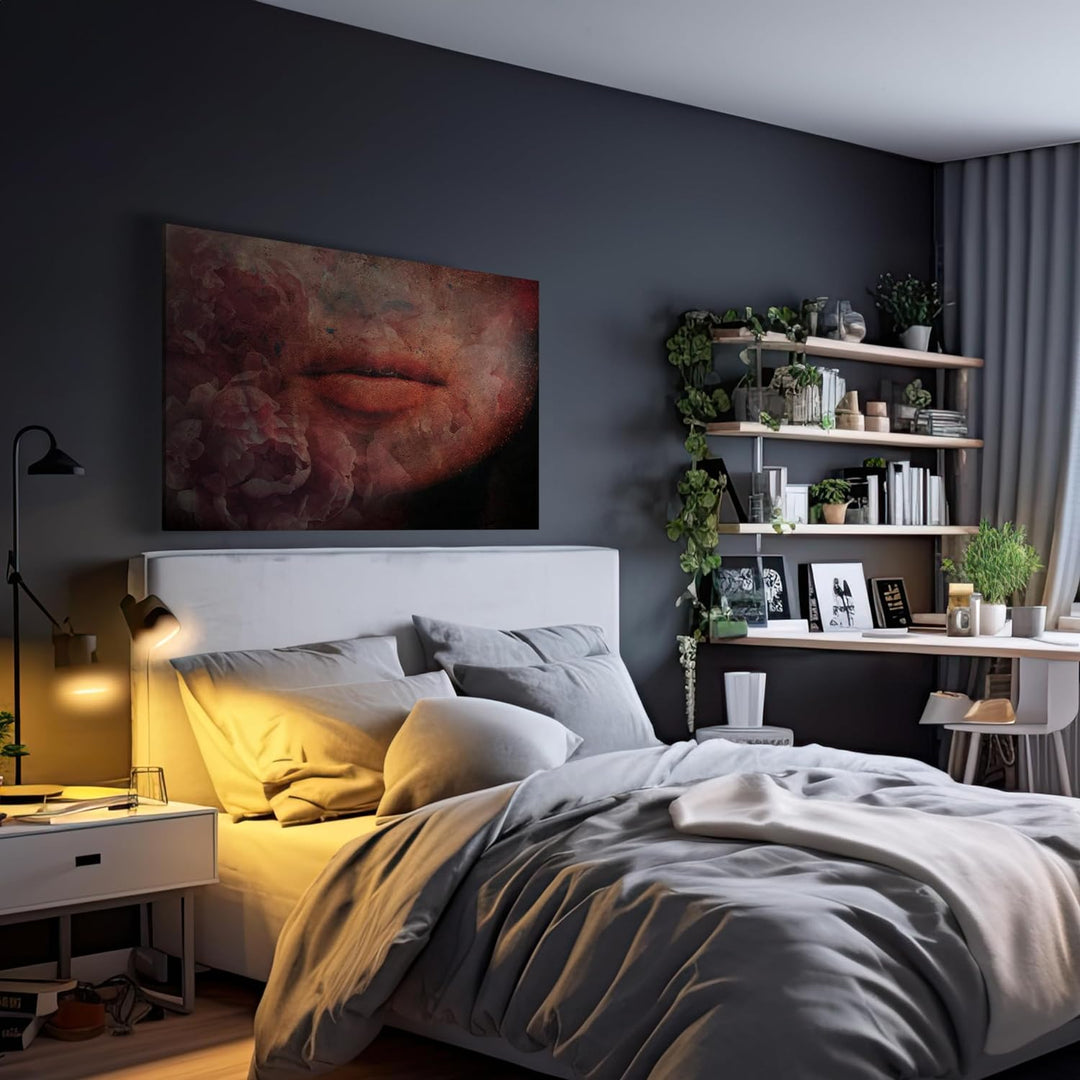 wandmotiv24 Leinwandbild Frauen-Lippen, Querformat, Lippen, Blumen, Beton M0356 100x75cm Leinwandbil