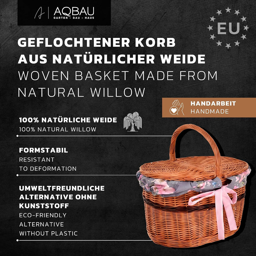 Picknickkorb mit Deckel 40 cm – Einkaufskorb Weide mit Henkel & Stoffeinlage (3 Designs) – Weidenkor