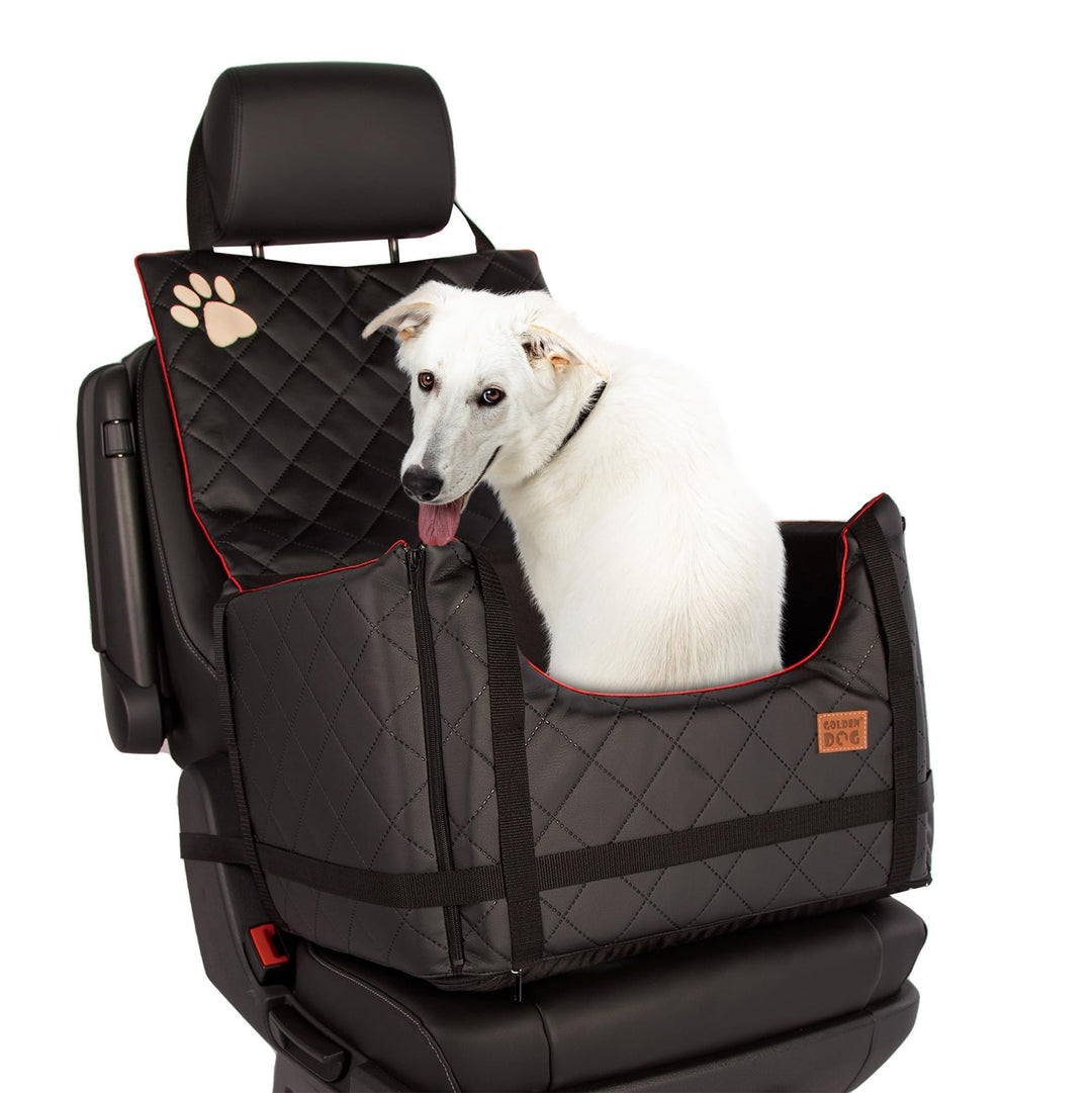 Golden Dog - Transportbox Hund mit Sicherheitsgurt M-52x44x33 cm - Leder Imitation Autositz Hund, Wa