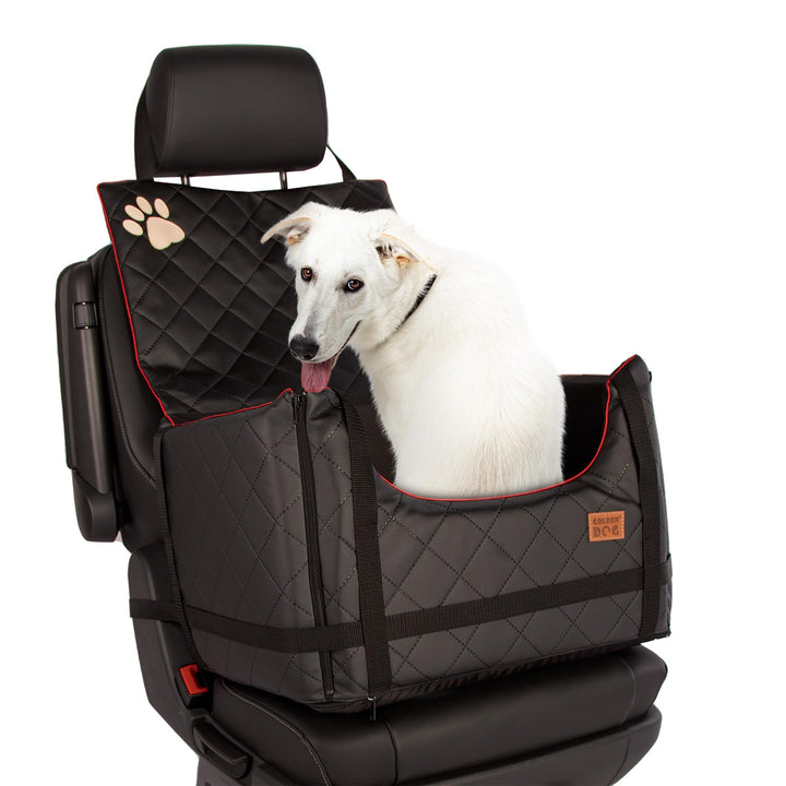 Golden Dog - Transportbox Hund mit Sicherheitsgurt M-52x44x33 cm - Leder Imitation Autositz Hund, Wa