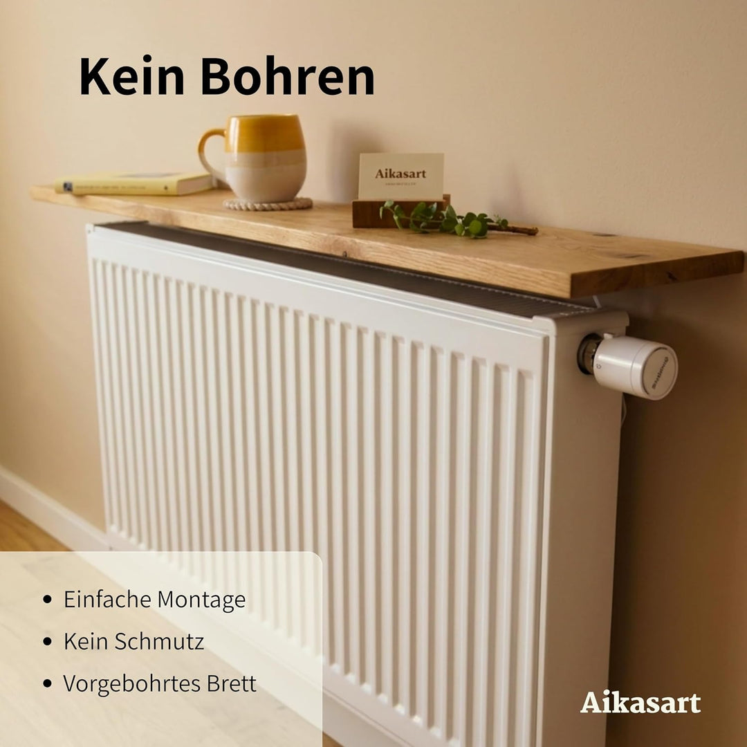 Heizungsregal Eiche Massiv – Ohne Bohren – Individuelle Länge 30-190 cm – Zum Aufstecken – Handgefer