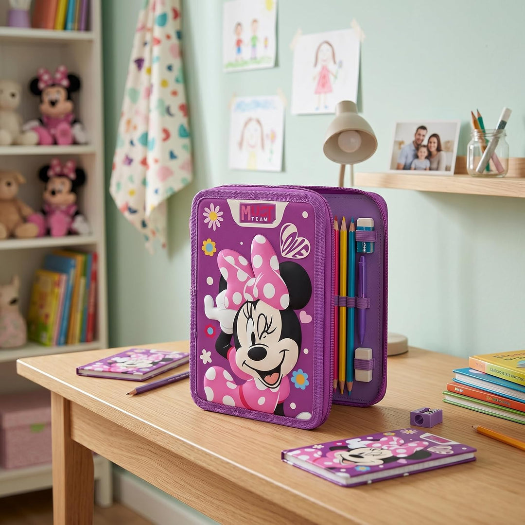 Disney Minnie Mouse Federmäppchen mit 2 Fächern, gefüllt mit Schreibwaren für Kinder | Schulbedarf m