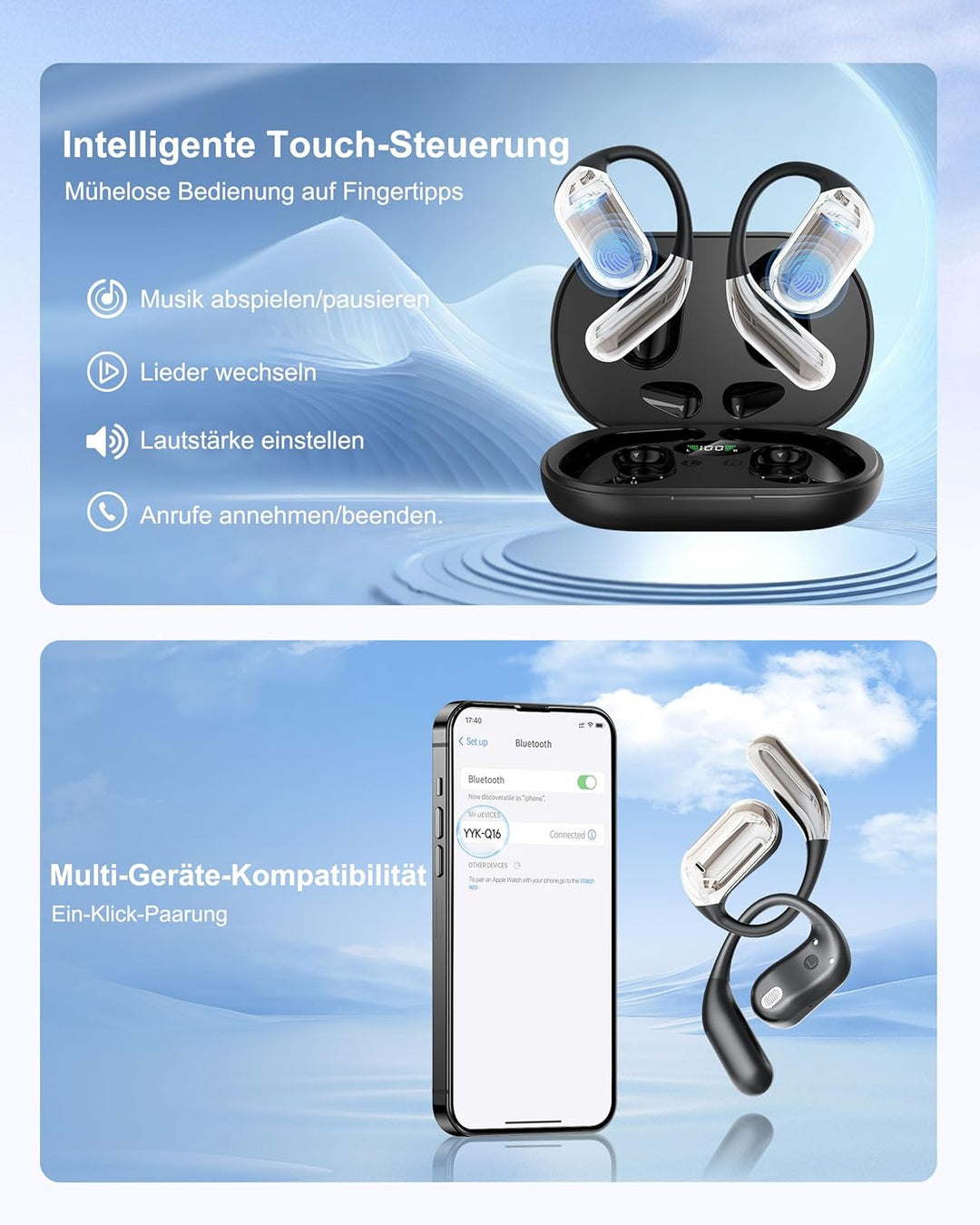 Open Ear Kopfhörer 50 Std Bluetooth 6.1 KI Kopfhörer 1 std Schnellladung Kabellos HiFi Kopfhörer mit