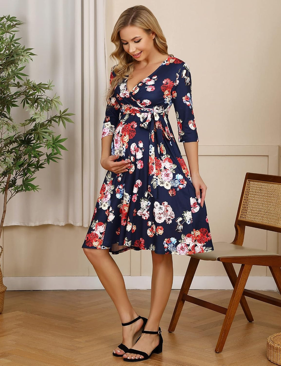 KOJOOIN Damen Umstandskleid Schwangerschafts Kleid für Schwangere Stillkleid V-Ausschnitt Langarm mi