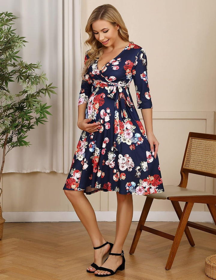 KOJOOIN Damen Umstandskleid Schwangerschafts Kleid für Schwangere Stillkleid V-Ausschnitt Langarm mi