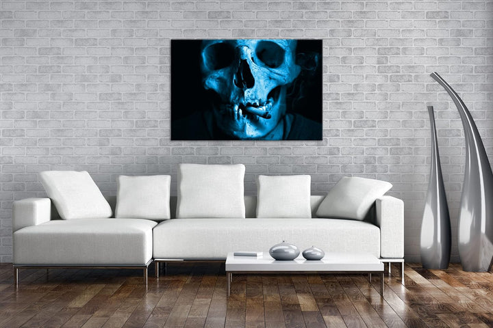 deyoli rauchender Schädel Format 80x60 Effekt: Monocrome Blau als Leinwandbild, Motiv fertig gerahmt