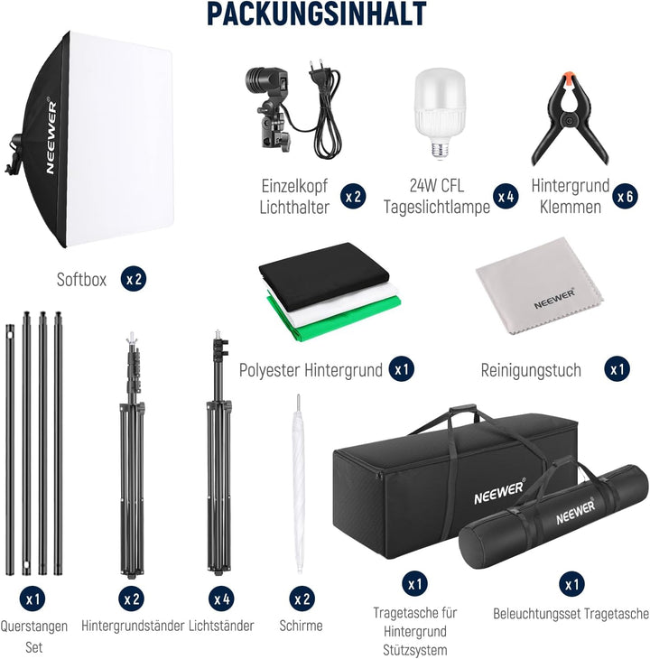 NEEWER Fotografie Dauerlicht Set mit Hintergründen, 2,6x3m Stative, 5700K, 800W, Äquivalent 24W LED